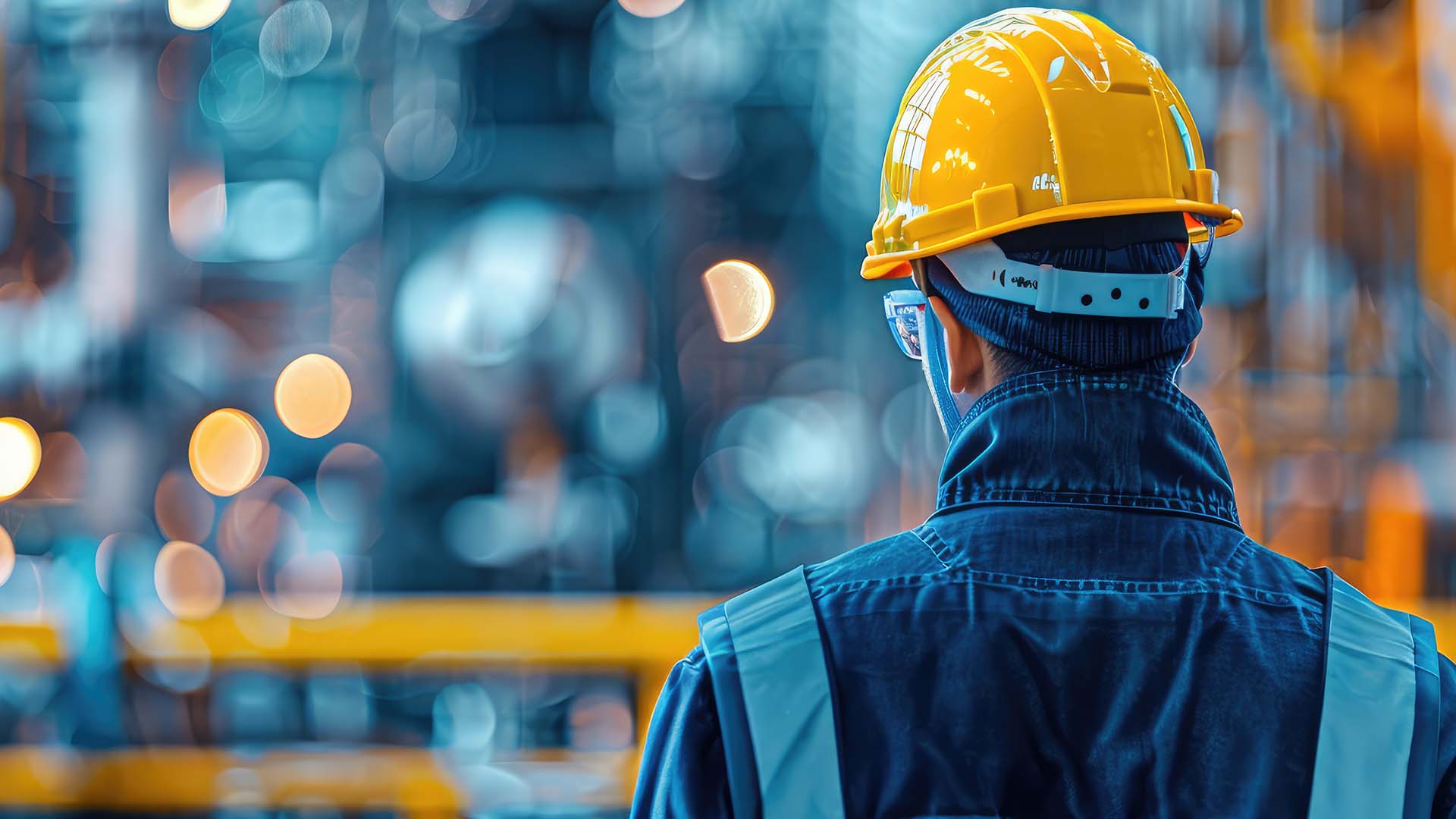 Ingeniør iført hjelm overvåger industriel proces.