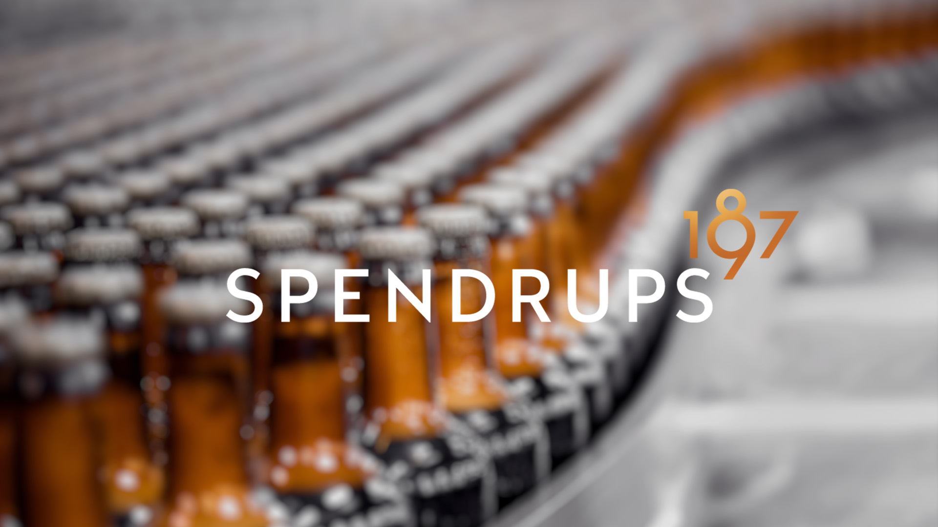 Rows of amber-colored beer bottles with white caps on a conveyor belt. The text "Spendrups 1897" overlays.