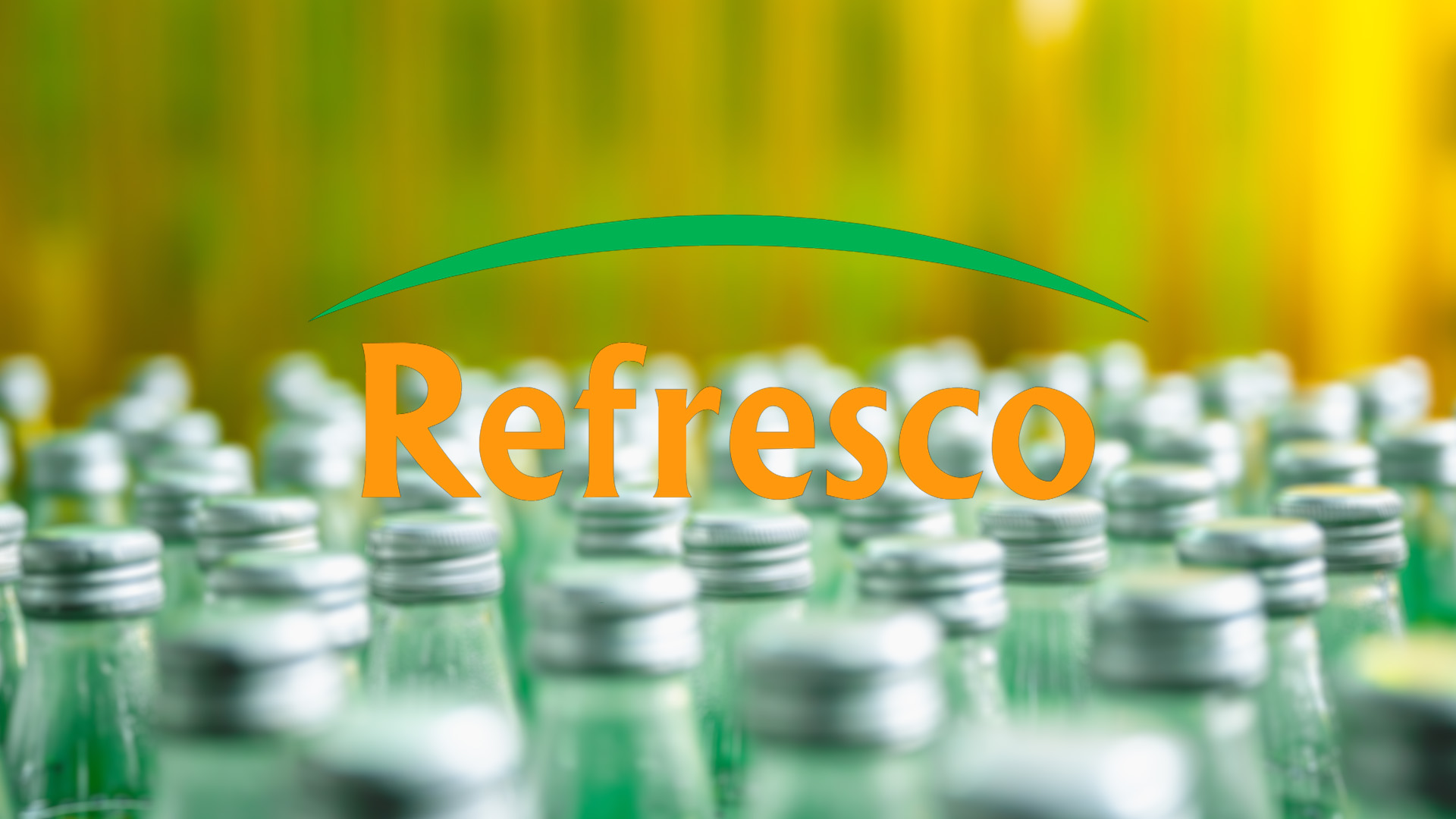 Rows of green-tinted bottles with silver caps are blurred in the background. A green and orange "Refresco" logo in the foreground.