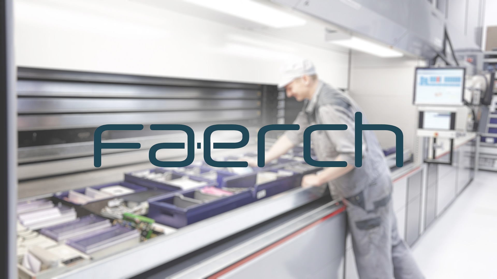 A worker in a factory moves trays on a conveyor system, with a focused expression. Overlaid text reads "Faerch".