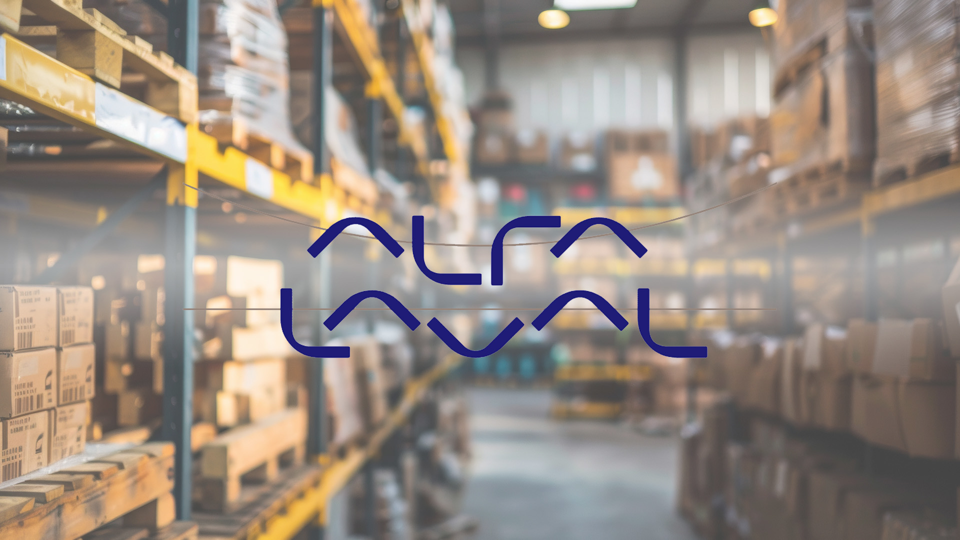 A warehouse with stacked shelves filled with boxes. The space is well-lit and organized. Alfa Laval logo is placed in the center.