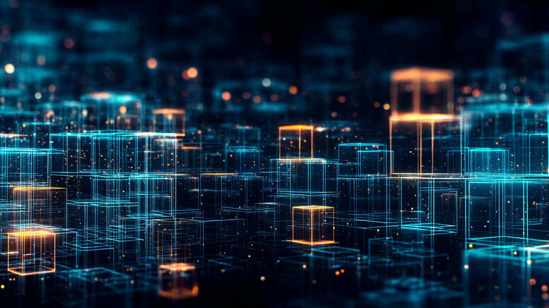 Digitalt abstrakt billede med lysende kuber og gitter.