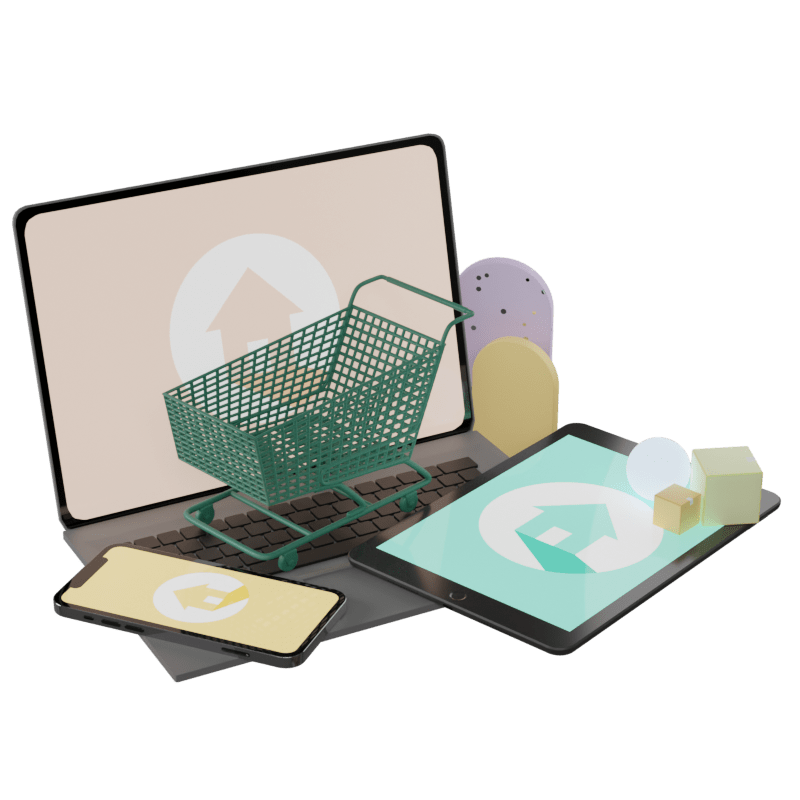 3D animated laptop ipad and smartphone with shopping cart standing on top