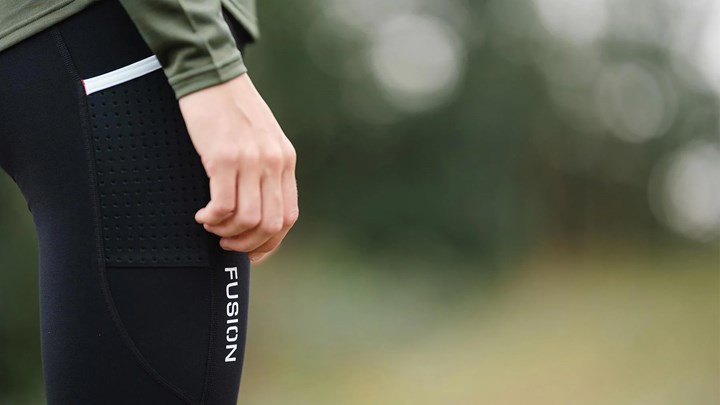 The Fusion logo appears on a pair of training tights.