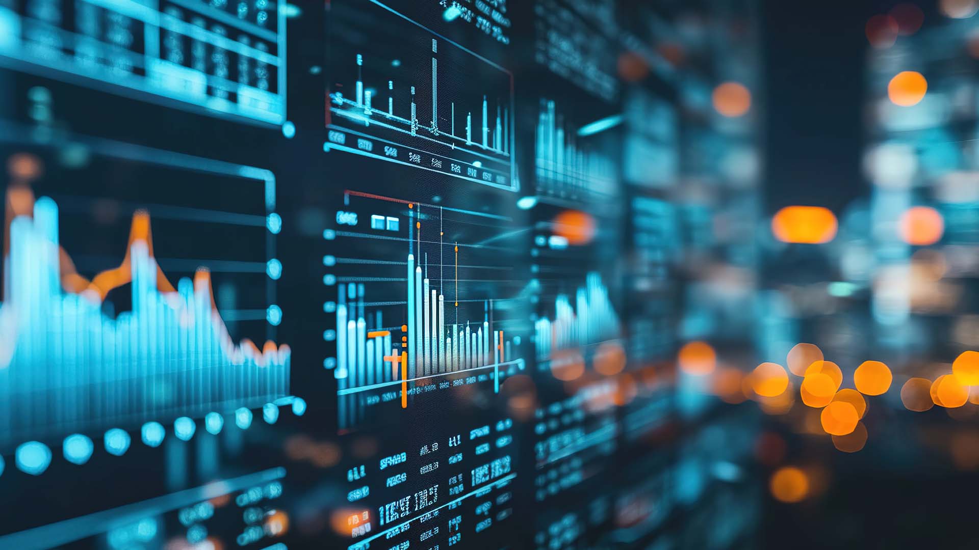 Abstract charts and data visualization with blue and orange highlights on a dark background.