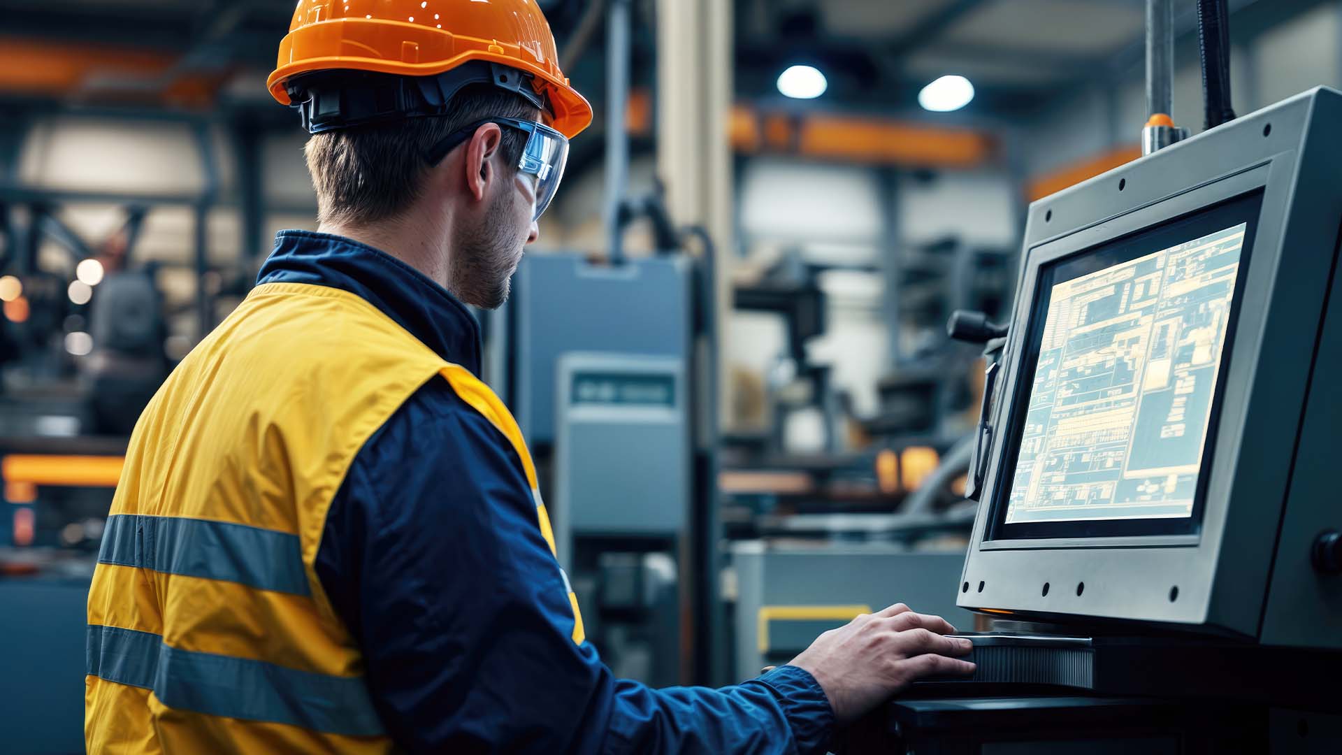 Engineer in hard hat monitoring control panel screen in factory.