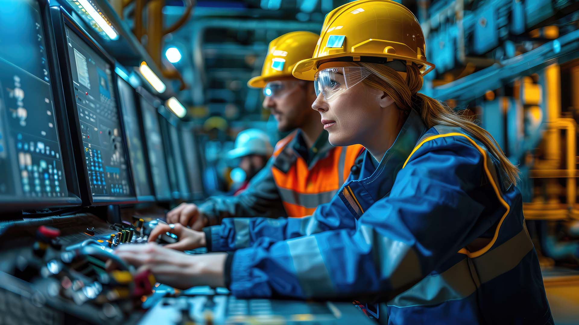 Industrial engineers working at a computer control panel in a factory.