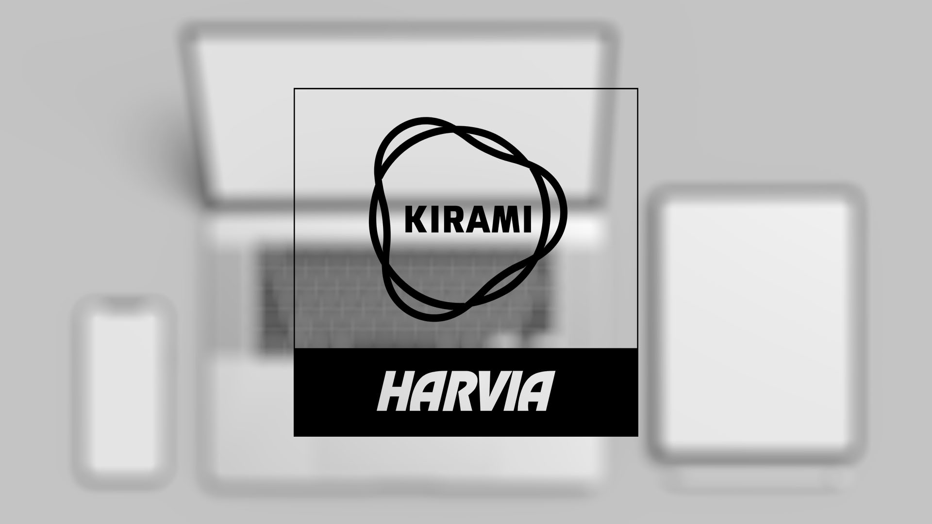 Logo of Kirami, with a black outlined circular design and "KIRAMI" centered inside. Below, "HARVIA" in bold, placed over a blurred technical devices.
