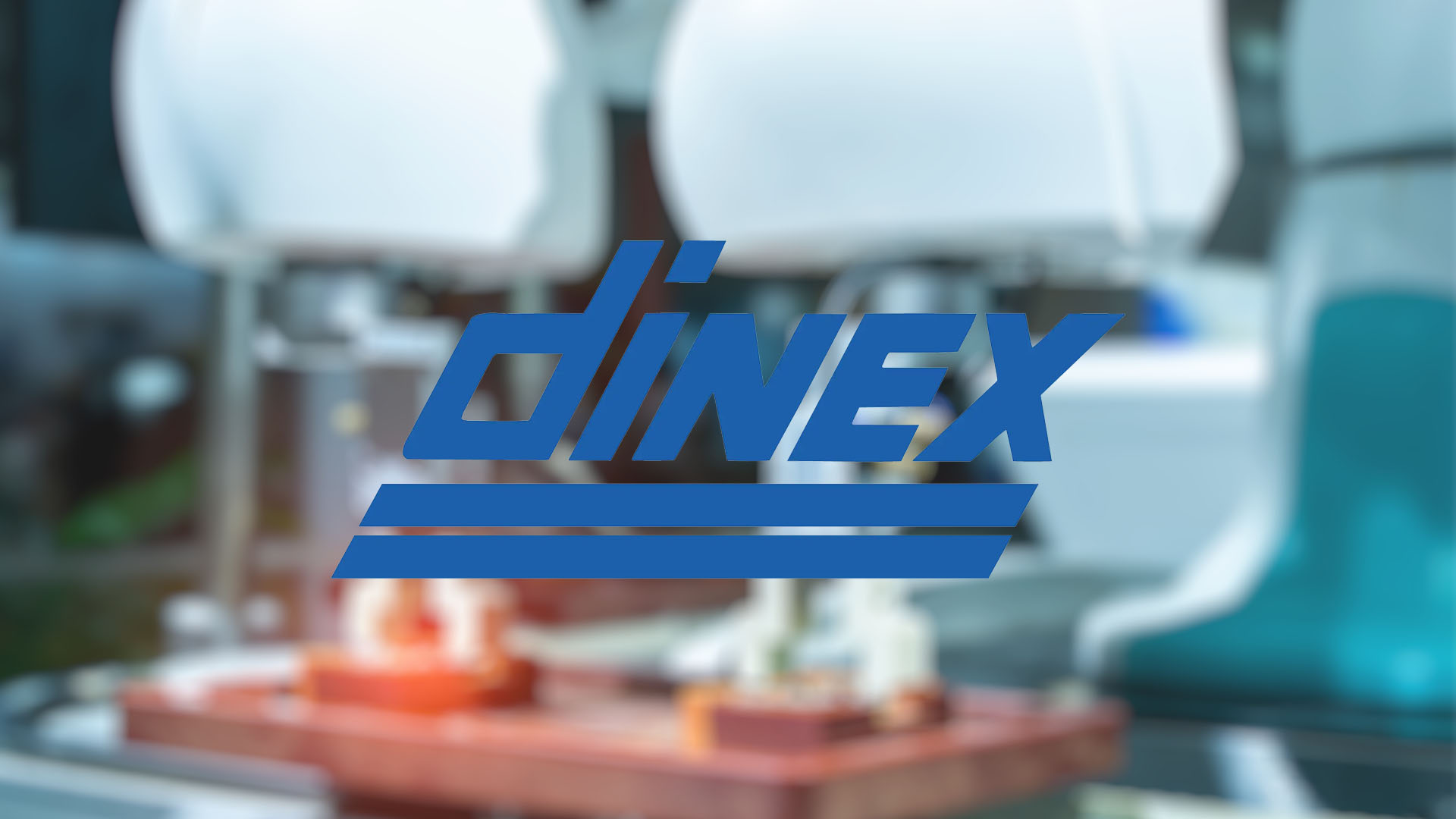 Blue "dinex" logo over a blurred background of industrial machinery, conveying a tech-focused, with modern automation elements.