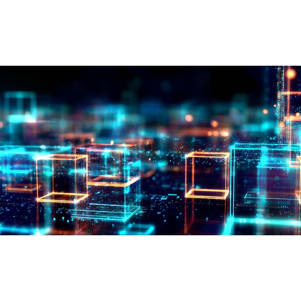 Digitaalinen abstrakti kuva valaistuilla kuutiomuodoilla.