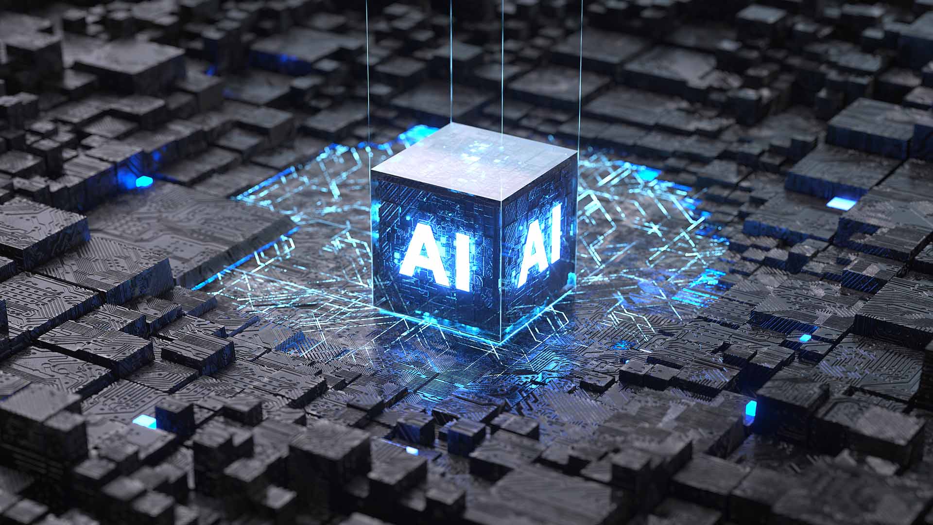 3D cube labeled AI hovering over digital circuit board.