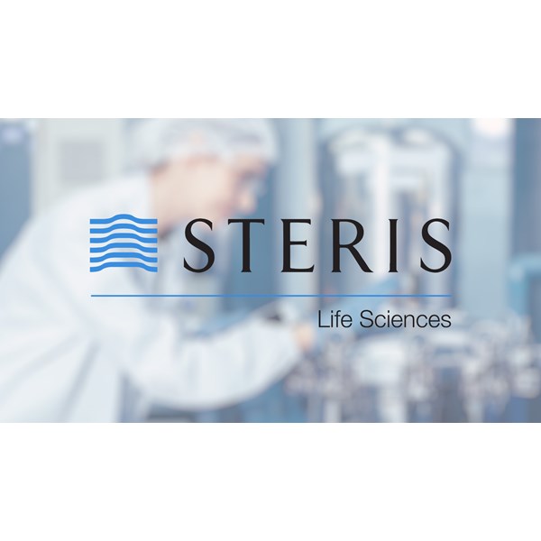 Logo for "STERIS Life Sciences" with blue waves icon and text on a blurred laboratory background, suggesting professionalism and innovation.