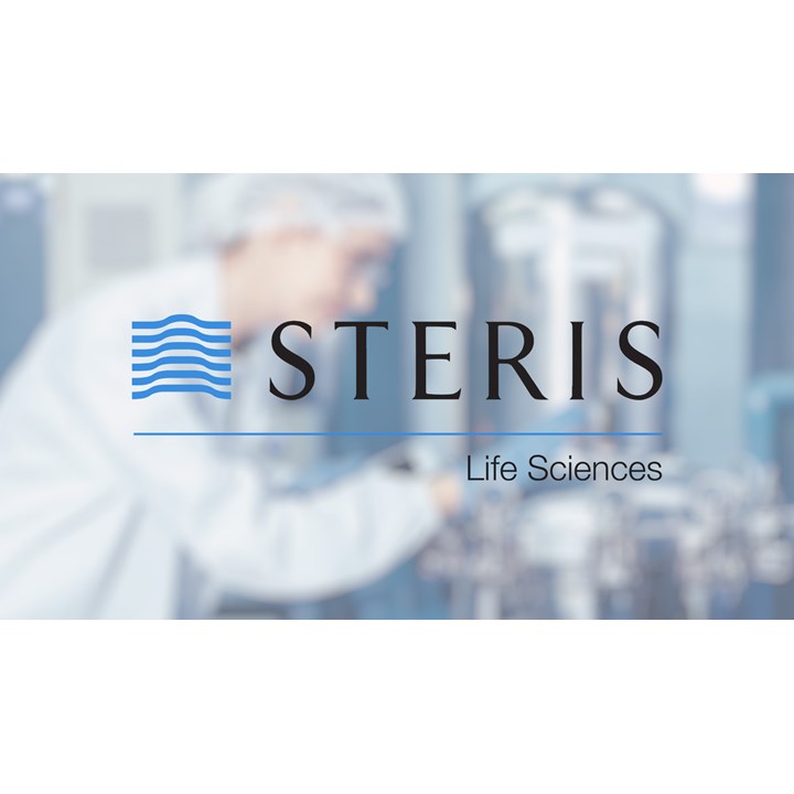 Logo for "STERIS Life Sciences" with blue waves icon and text on a blurred laboratory background, suggesting professionalism and innovation.