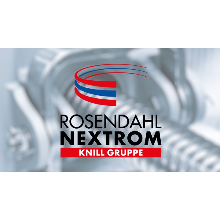 Logo of Rosendahl Nextrom, featuring blue and red curved lines forming a semi-circle. Text reads "Rosendahl Nextrom, Knill Gruppe." Background is a blurred image of machinery, conveying innovation in industrial technology.