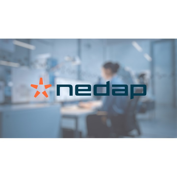 Blurred office background with a focus on the "Nedap" logo and orange star emblem in the foreground, conveying a modern tech environment.