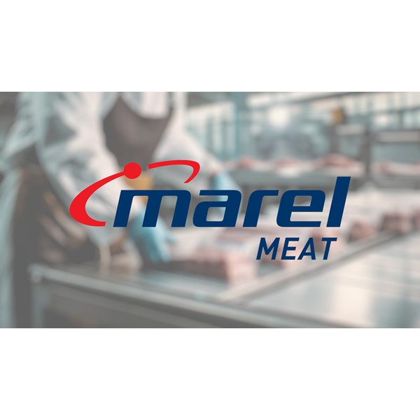 Blurred background of a meat processing plant with a worker in gloves. Overlaid is the "marel meat" logo in bold blue and red.