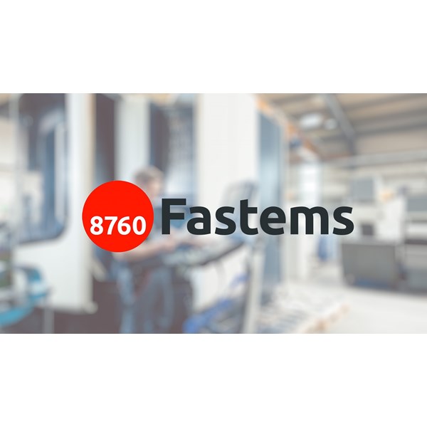 Stylized text reading "Fastems" with a red circle containing "8760." Blurry background shows a person operating machinery in an industrial setting.
