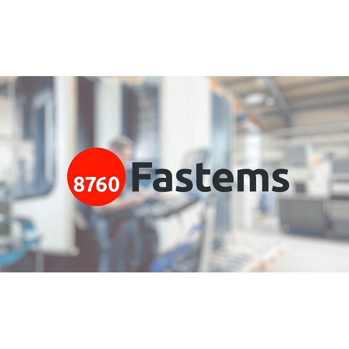 Stylized text reading "Fastems" with a red circle containing "8760." Blurry background shows a person operating machinery in an industrial setting.