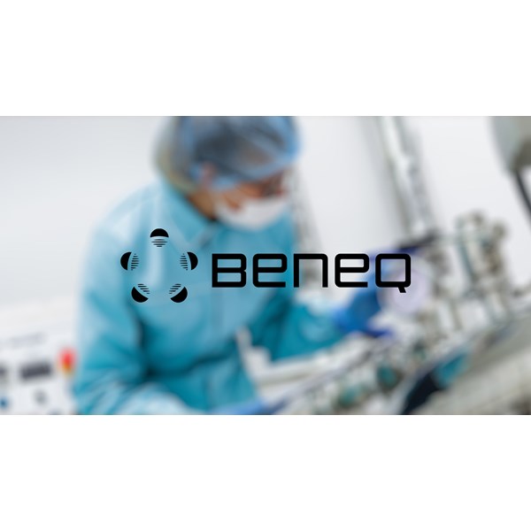 Image of a lab technician in a blue protective suit and mask working with equipment. Beneq logo is prominently displayed in the foreground.