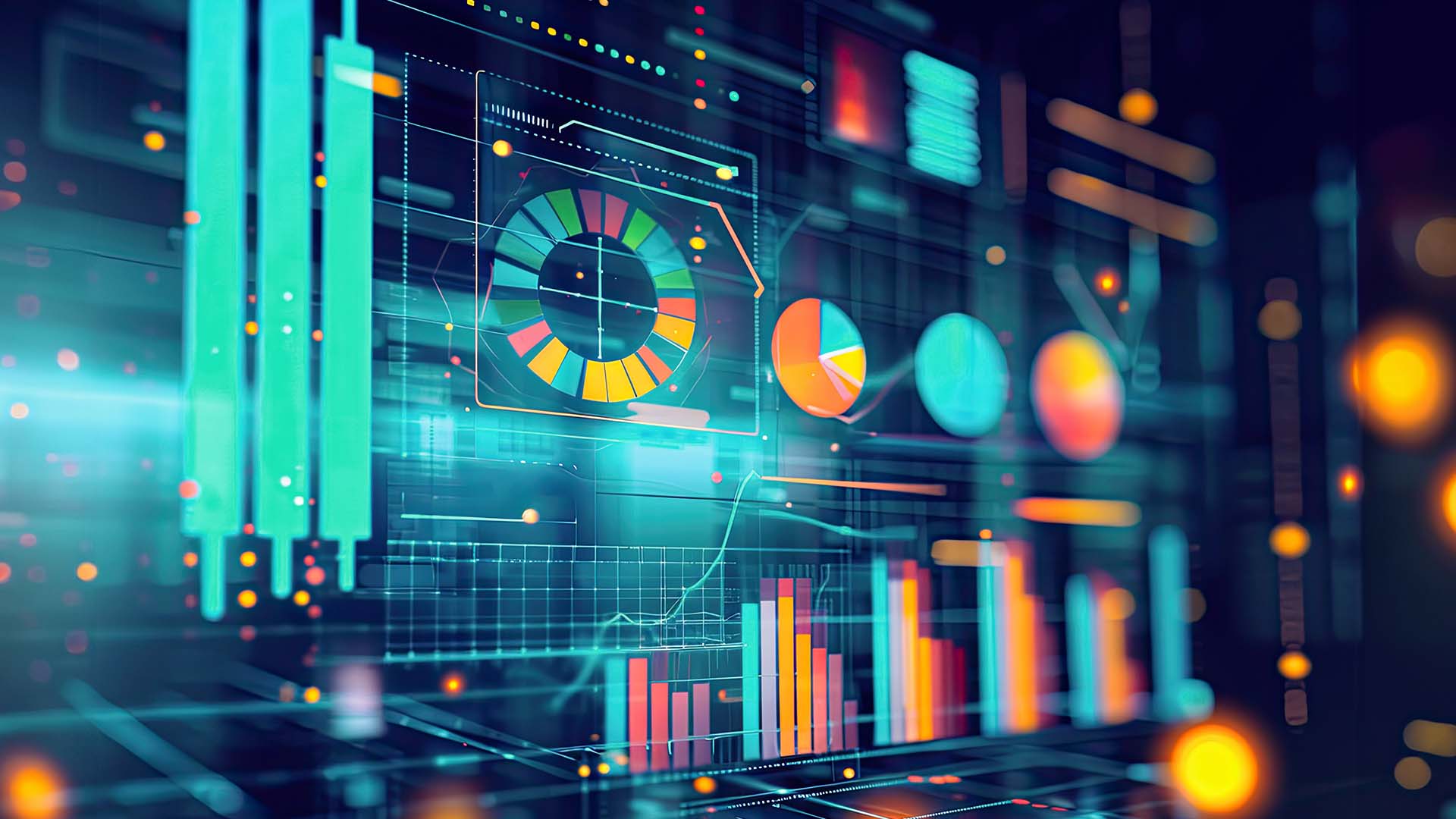 Dashboard för dataanalys med ljusa, färgade grafer och abstrakta element i cyberstil.