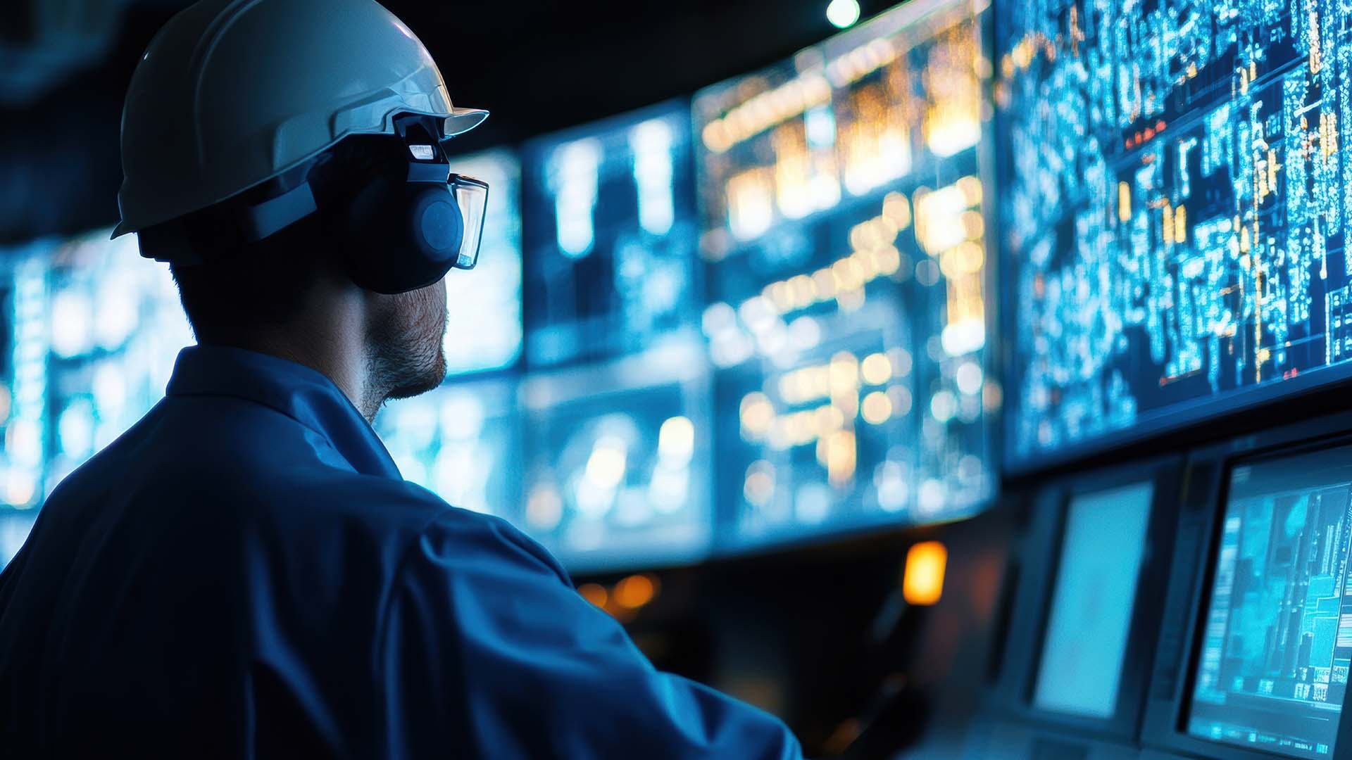 En operatör vid ett kontrollcenter som övervakar produktionsverksamheten på distans.