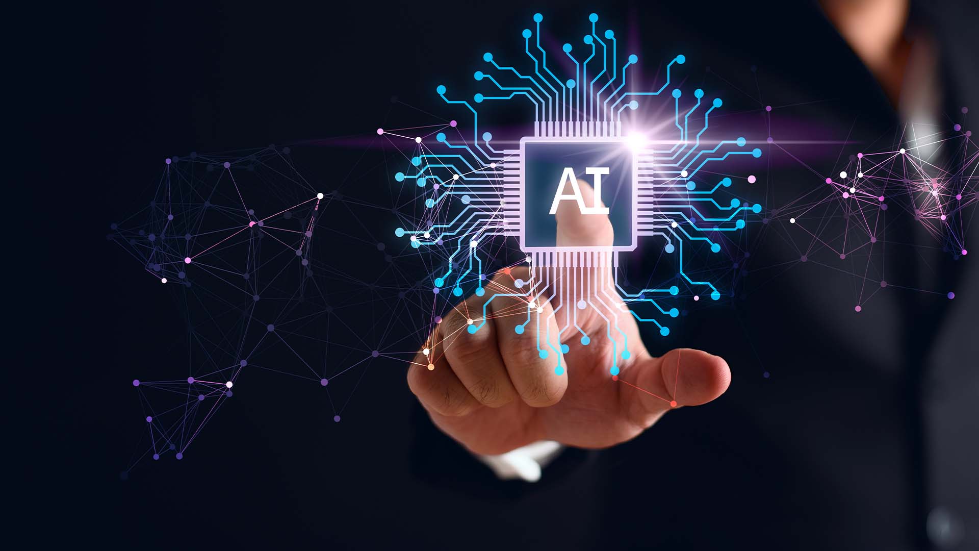 Finger som rör vid AI-mikrochip med digitala kretsar.