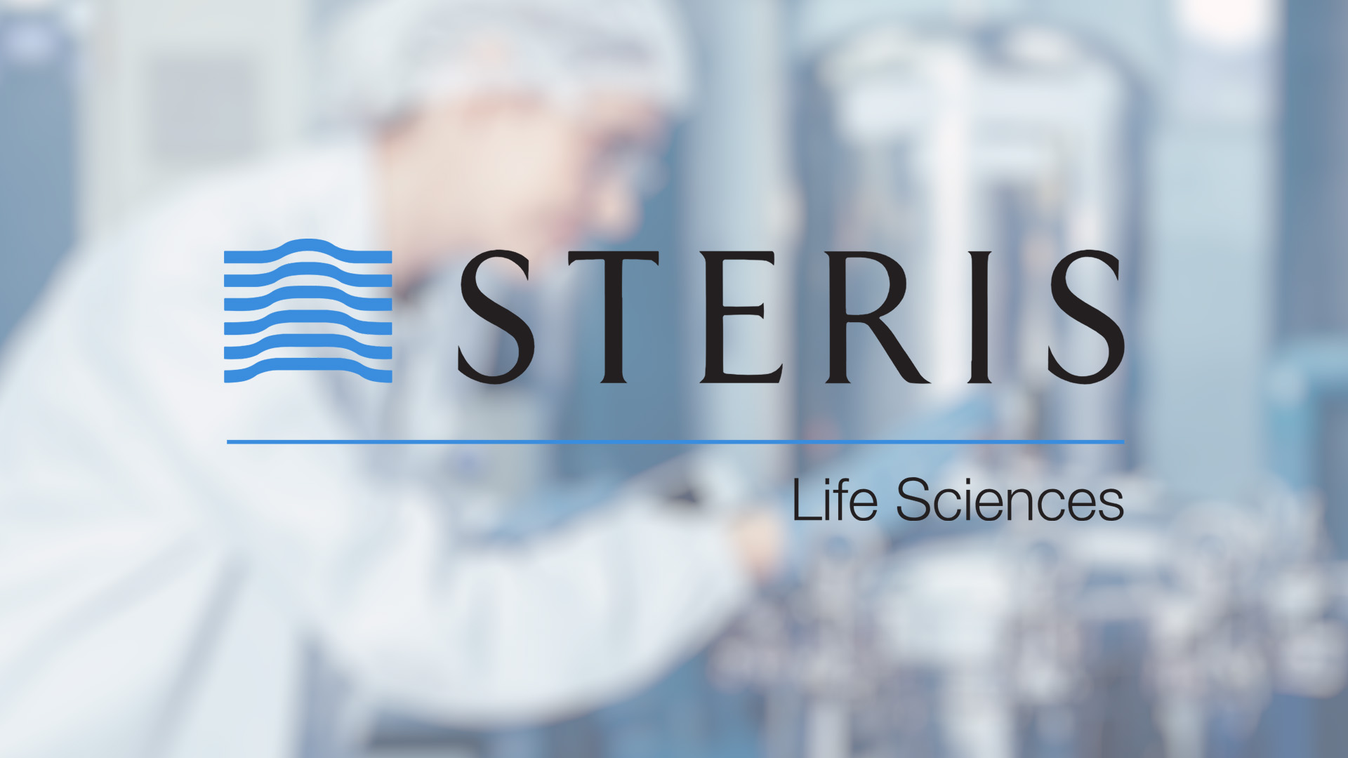 Logo for "STERIS Life Sciences" with blue waves icon and text on a blurred laboratory background, suggesting professionalism and innovation.
