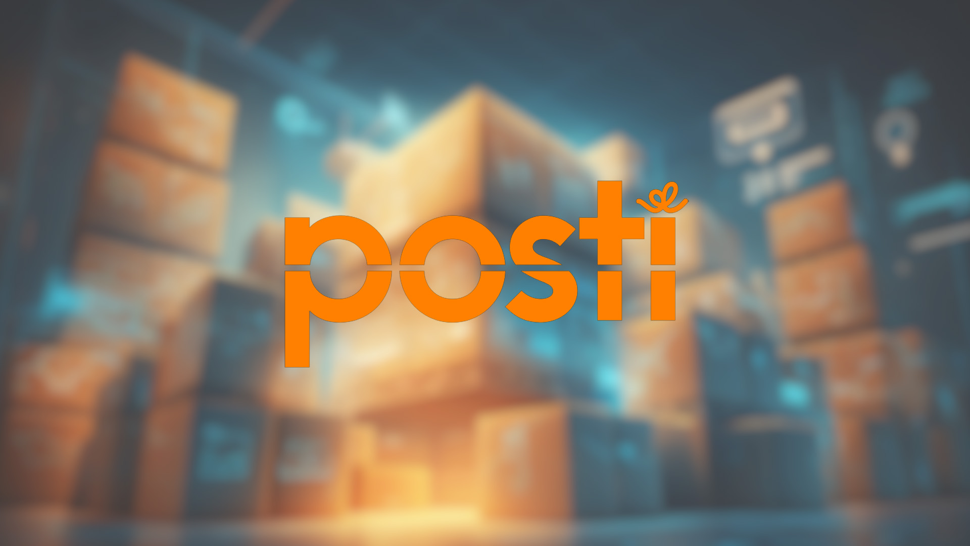 Orange "posti" logo over blurry stacks of boxes, conveying a sense of logistics and movement. The background is a soft, blue-toned industrial setting.