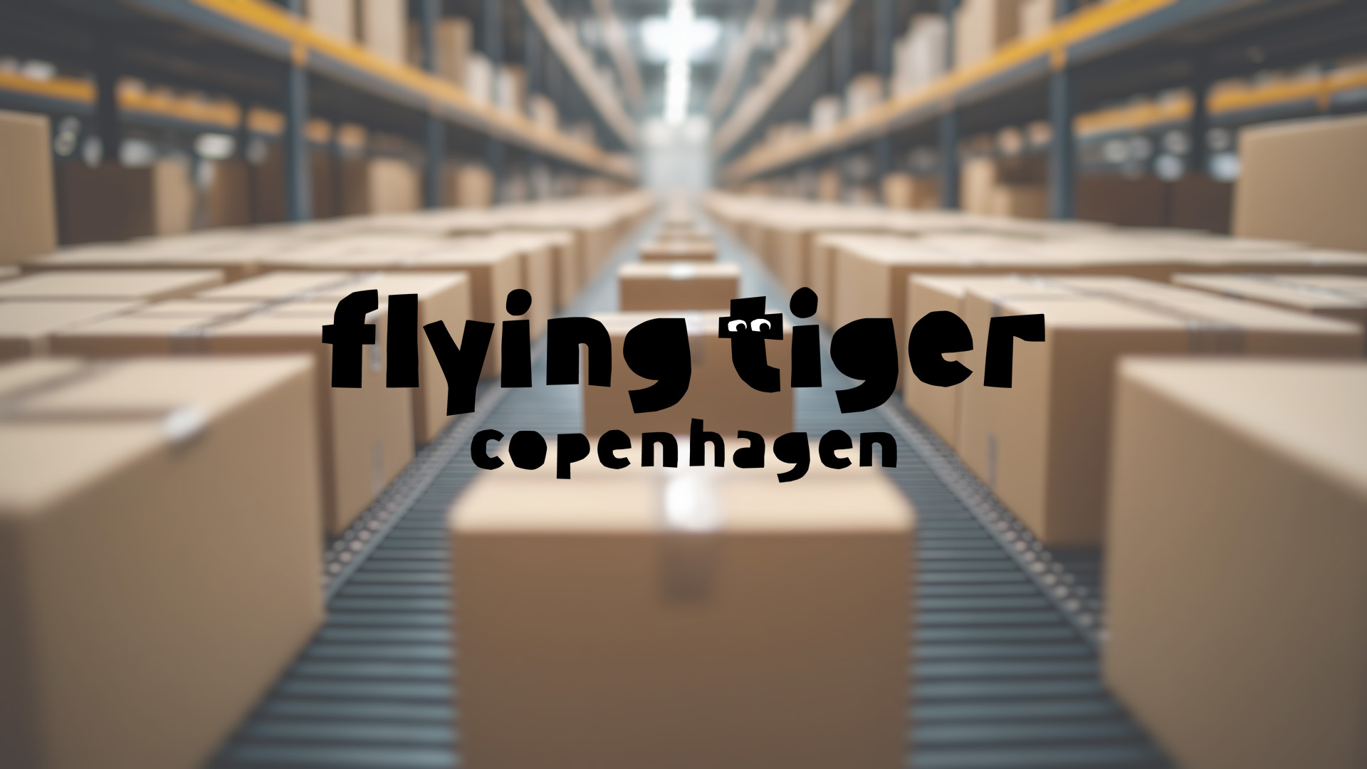 Stacks of cardboard boxes on a conveyor belt in a warehouse. The "Flying Tiger Copenhagen" logo is prominently overlaid in the center.
